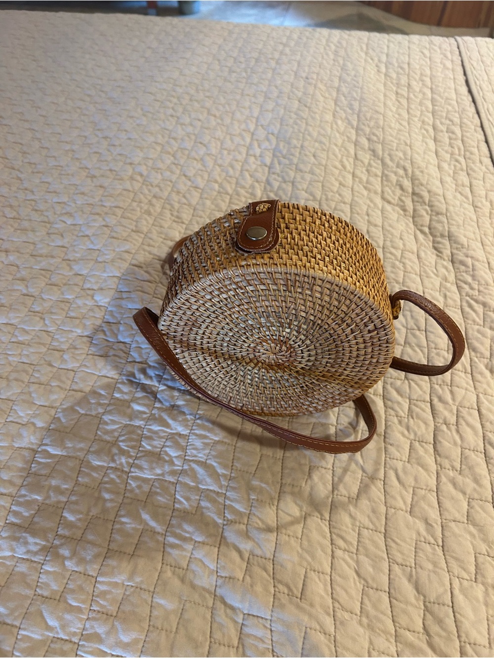 Woven Round Straw Crossbody Bag with Brown Leather Trim - Picture 1 of 2